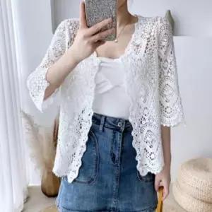 레이스 웨이브 여성 시스루 비치 수영복 반팔 가디건