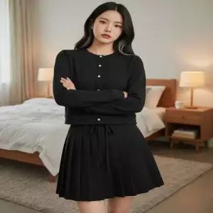 3컬러 부들부들 가디건 주름 미니스커트 코디 세트