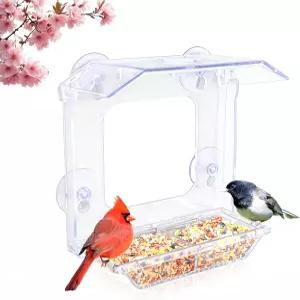 강력한 흡입 컵 4개가 추가된 JYYOUOP 창문 새 모이통 이중 씨앗 트레이가 있는 외부용 대형 투명 고양이를