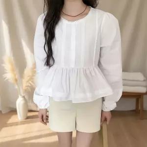 여성 로맨틱 프릴 셔링 페플럼 블라우스