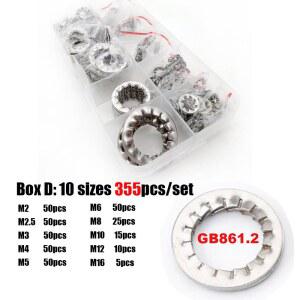 315/355 개/대 M2 5 M16 304 스테인레스 스틸 외부 내부 이빨 톱니 모양의 와셔 가스켓 구색 세트 키트 상자