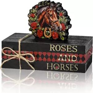 스마일 말과 장미 나무 블록 장식 세트 4피스 머리 화환 및 경마 파티 위한 테마별 계층형 트레이 테이블탑