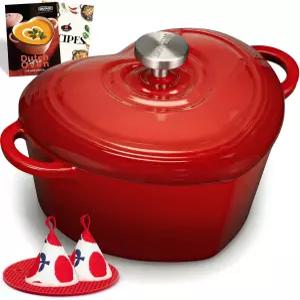 오버몬트 에나멜 주철 더치 오븐 - 뚜껑이 있는 하트 모양 냄비 요리책 및 면 홀더 빵 굽는 수프 스튜를