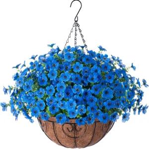 혜플로라 인공 가짜 매달린 식물 꽃과 바구니 야외 장식 실크 데이지 꽃꽂이 현관 홈 실내 파티오 정원