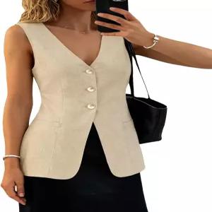 여성용 린넨 코튼 혼방 베스트 경량 통기성 롱 조끼 포켓 포함 민소매 자켓 휴양지룩 바캉스룩 내추럴핏