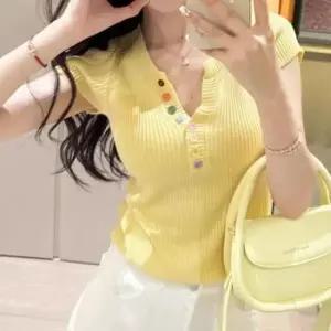 [SBD] 반팔 배색 컬러 포인트 상의 36 46자 니트 단추 헨리넥 티셔츠 골지