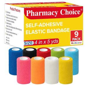 약국 선택 붕대 발목 4인치 컬러 탄성 셀프 응집 부직포 5야드 운동 테이프 붕대 9팩 접착 수의사