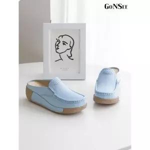 [하프클럽/고앤씨]여성 도리스 키높이 소가죽 블로퍼 뮬 슬리퍼 5cm