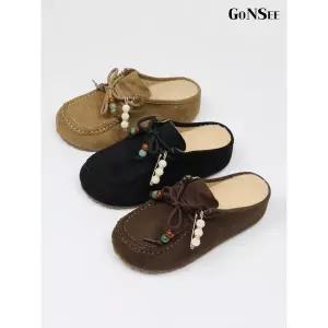 [하프클럽/고앤씨]여성 겨울 방한 오로라 로퍼 뮬 퍼 털 슬리퍼 실내화 4.5cm