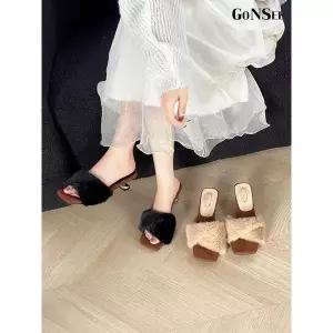 [하프클럽/고앤씨]여성 겨울 노블레스 웜 럭셔리 퍼 하이힐 털 슬리퍼 4cm