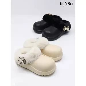 [하프클럽/고앤씨]여성 겨울 방한 레오파드 리본 퍼 슬리퍼 2.5cm