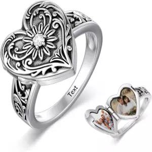 사진 맞춤 기념 포토 로켓 밴드 포이즌 반지를 보관하는 소울미트 스털링 실버 하트 해바라기 사이즈