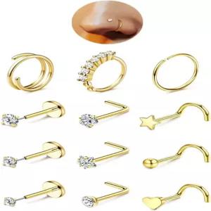 여성용 제리웨 코 링 - 14K 골드 충전 저자극 용 스틸 후프 CZ 립 나사 L자형 스터드 없는 평평한 뒷면