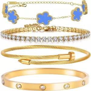 MEIERYA 18K 골드 도금 여성 스태커블 플로럴 팔찌 세트 트위스트 케이블 뱅글 트렌디 주얼리 방수 조절