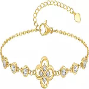 여성용 포 클로버 팔찌 - 14K 골드 도금 큐빅 지르코니아 플라워 체인 다인 럭키 참 링크 엄마 아내