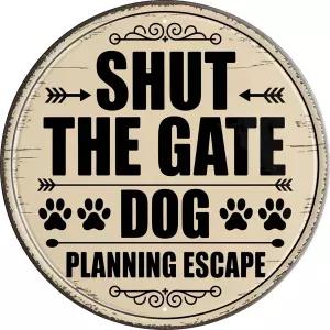 LMDDFZS 폐쇄 게이트 도그 이스케이프 금속 표지판 8x8인치 원형 경고 명판 마당 벽 장식 애완동물 주인