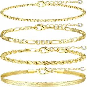 TEN 미로 16K 청키 골드 도금 여성용 팔찌 방수 스택 비 변색 적층 체인 링크 로프 피가로 헤링본 박스