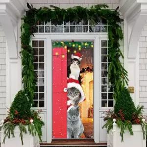 웃긴 고양이 문 커버 귀여운 메리 크리스마스 배너 장식 산타 현관문 표지판 파티 용품 사진 배경