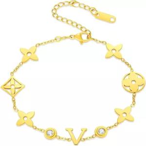 여성용 플로럴 매력이 있는 골드 링크 이니셜 브레이슬릿 크리스탈 액센트가 18K 조절 가능한 체인 패션