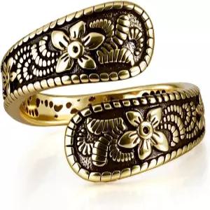 테프판 빈티지 14K 골드 도금 및 실버 스푼 링 - 여성용 조각 디자인의 조절 가능한 독특한 보호 오픈