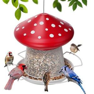 IWNTWY 모이통 귀여운 모이통 야생 5파운드 야외 빨간색 정원용 모양 걸이용 대용량 듀티 버섯 금속 헤비