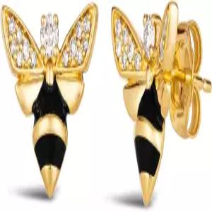 르비안 여성용 1/4캐럿 다이아몬드 꿀벌 스터드 귀걸이 블랙 에나멜 우아한 디자인 흰색 0.23cctw 안전한