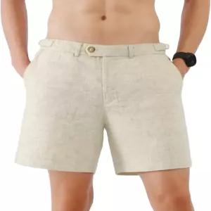남성용 린넨 반바지 플랫 프런트 드레스 쇼츠 허리 조절 밴딩 여름 휴가룩 비즈니스 캐주얼 포켓