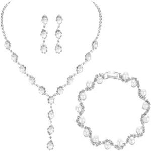 메크레시 모조 진주 잎 꽃 신부 주얼리 세트 크리스탈 웨딩 목걸이 귀걸이 약혼 선물