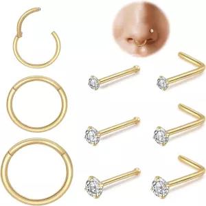 18G 용 스틸 코 링 세트 14K 골드 도금 저자극성 L자형 여성용 스터드 CZ 후프