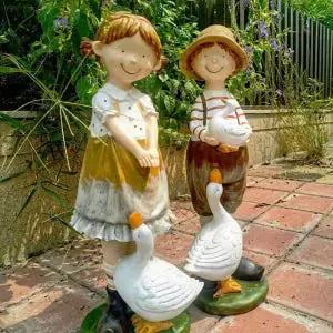 정원 조각상 거위 소녀 오리 소년 조형물 화단 테라스 야외