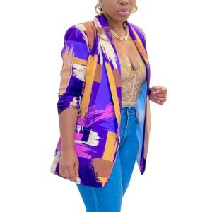 후이시팡 여성용 프린트 블레이저 재킷 긴 소매 프론트 캐주얼 멀티컬러 상의