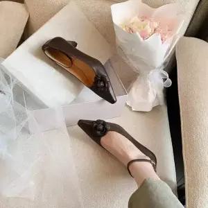 SMK 소가죽 스트랩힐 단화 꽃 메리제인슈즈 스틸레토 일자 통굽 프렌치 힐펌프스 여성신발 JEN1