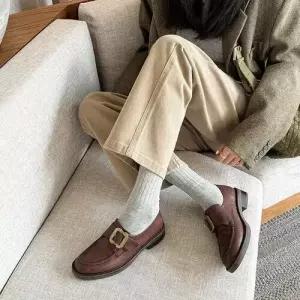 SMK 여성용 봄 가죽 버클 라운드 옥스퍼드 스트랩 사각 구두 워싱 작은 플랫슈즈 굵은 소가죽 펌프스 굽 JE