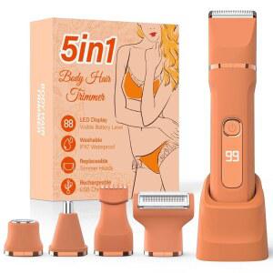 여성용 비키니 트리머, 5-in-1 전동 면도기, 남성용 다리용 IPX7 방수 교체 가능한 블레이드 5개, USB 충전 도크 오렌지)
