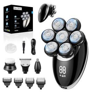 대머리 남성을 위한 7D 면도기 - 5-in-1 탈착식 전기 면도기, 플로팅 블레이드, USB 충전이 가능한 습식/건식 방수 면도 키트로 매우 부드러운 경험 제공