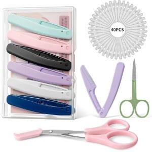 스위트 뷰 여성용 얼굴 및 눈썹용 더마플란 면도기 키트(브로우 가위 ), 페이셜 마이크로블레이드 도구 48개