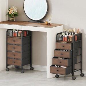 SWTYMIKI 메이크업 오거나이저 카트 - 바닥 스킨케어 보관함, 4개의 부직포 서랍, 베니티 진열장 향수 네일 폴리시 브러시 헤어 도구 캐비닛