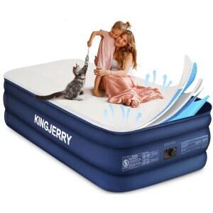 킹제리 트윈 XL 에어 매트리스, 펌프 내장형 18인치 폼 토퍼 인플레이터블 길이 80인치, 세탁 가능한 실크 느낌 커버, 48시간 누수 방지, 500파운드, 2분 빠른 팽창 지원, 가정용 및 게스트용