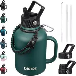 빨대 뚜껑과 손잡이가 있는 BJPKPK 대형 단열 물병 50온스 64온스 87온스 128온스 3개와 파라코드 스트랩이