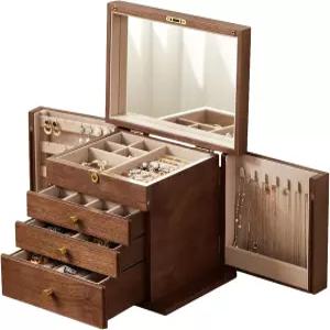 초신 블랙 호두나무 주얼리 박스 거울 사이드 도어 및 황동 손잡이가 있는 4겹 잠금식 나무 정리함 반지