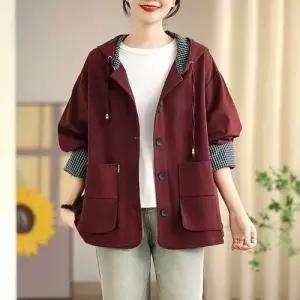 여성 캐주얼 봄 가을 점퍼 긴팔 코트 순면 후드 체크 트렌치 슬림 OP3