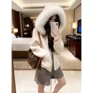 여사친 니트 빅 퍼 칼라 카디건 후드 가디건 BE1