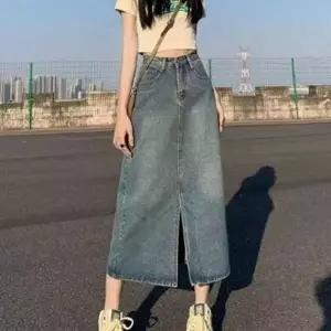 [하프클럽/셀러허브_여성트랜드패션]청치마 슬릿 스커트 롱 밑단 미디스커