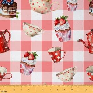 컵케이크 초콜릿 케이크 패브릭 바이 더 야드 닷 컵 애프터눈 티 디저트 DIY 바느질 공예 취미 핑크 그리드