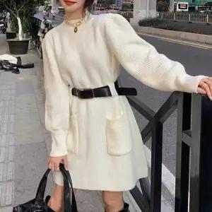 여성 따뜻한 기모 투포켓 하프넥 루즈핏 겨울 골지 니트 미니원피스