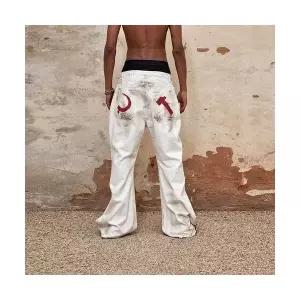 남성 루즈핏 와이드핏 청바지 핸드페인팅 워싱 캐주얼 나팔바지 찢어진 더러운 흰색 바지 스포M1