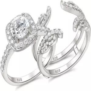 블롱메 925 스털링 실버 1 Ct 웨딩 링 세트 여성용 라운드 컷 인핸서 약혼 헤일로 브라이덜 큐빅
