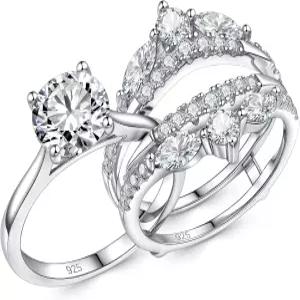 뉴스쉐 주얼리 모이사나이트 여성용 결혼 반지 925 스털링 실버 약혼 세트 브라이덜 밴드 인핸서 사이즈