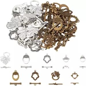 PH PandaHall 54 세트 9 가지 스타일 토글 걸쇠 티베트 보석 꽃 타원형 잎 합금 목걸이 팔찌 제작을 위한