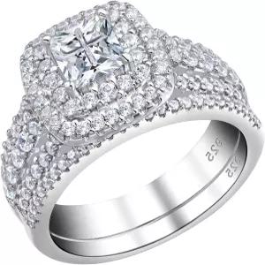 뉴스쉐 주얼리 모이사나이트 여성 약혼 반지 세트 스털링 실버 브라이덜 프로미스 프린세스 크로스 기념